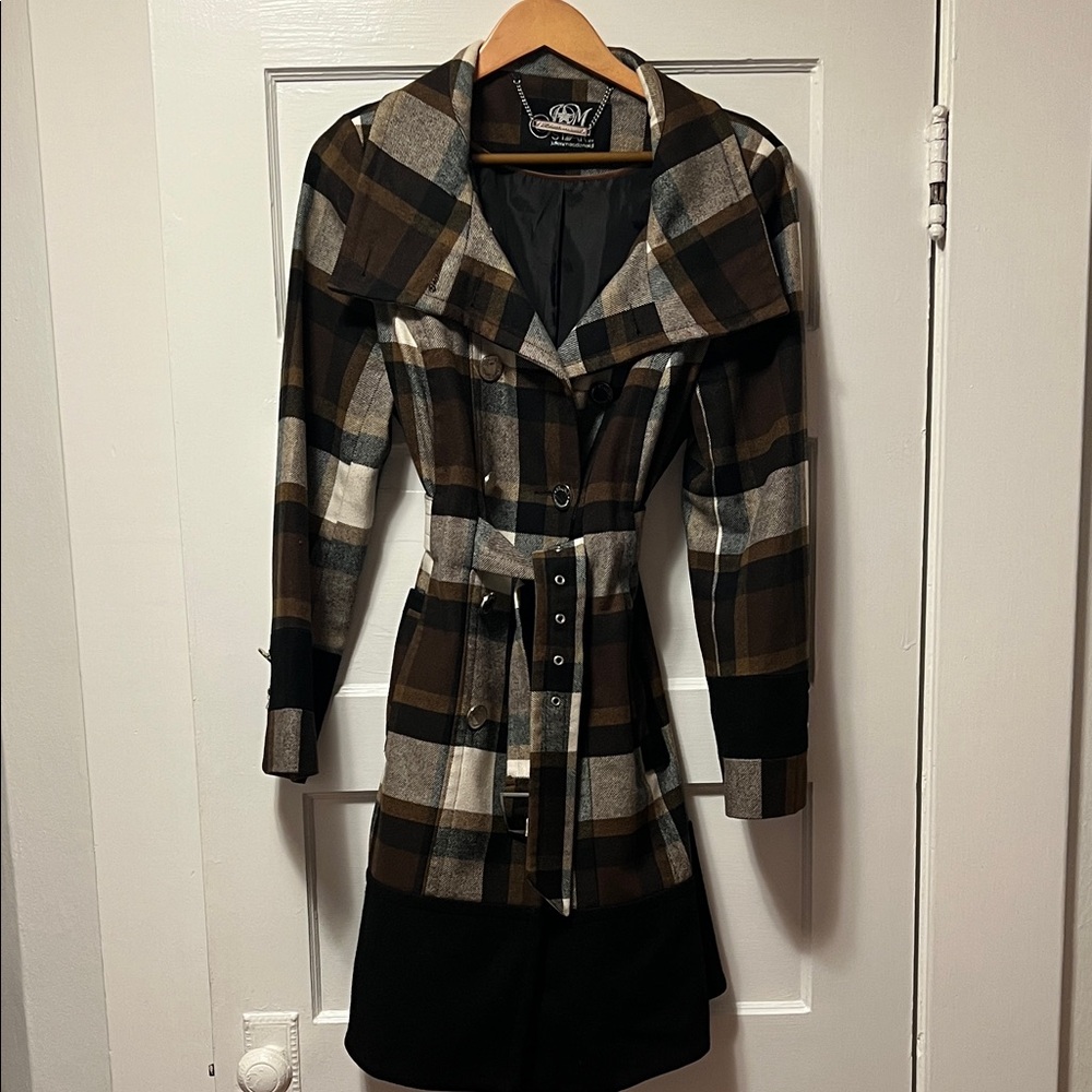 Plaid Wool-Blend Coat with Belt